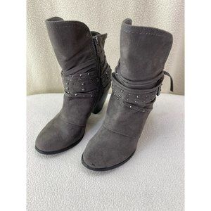 Vanity Gray Microfiber Boots, Soft and Strappy with Rhinestones, Size 6